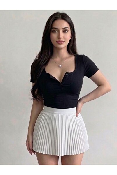 EXPECTED Body crop de vară pentru femei, negru, cu mânecă scurtă, cu nasturi ...