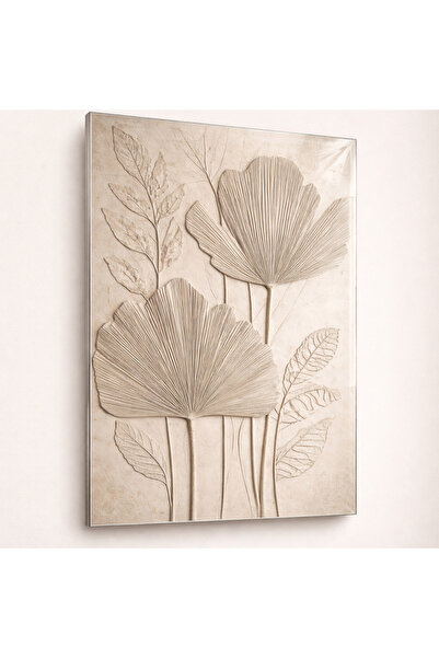 MAVEN Bej Kabartma Çiçek Cam Tablo 3D Relief Minimal Bohem Dekoratif Duvar Ta...