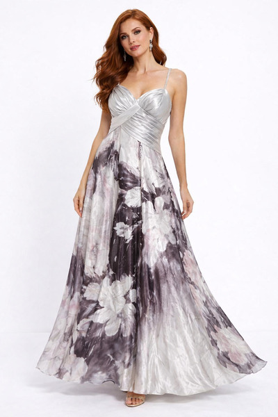 VALERIA Kadın Çiçek Desenli Şifon Uzun Abiye Elbise – Askılı, Drapeli Göğüs D...