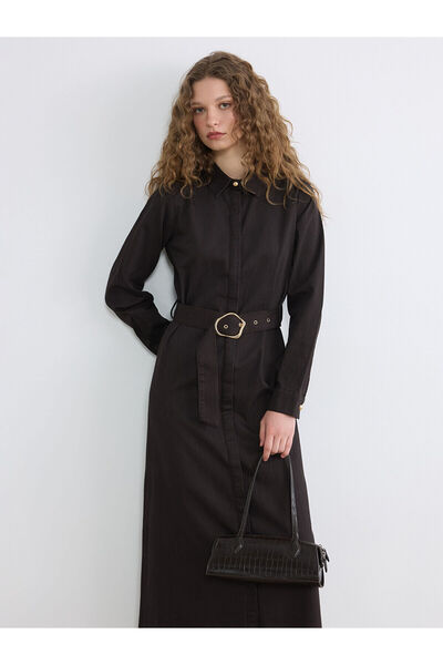LC Waikiki Lcw Modest Brown Shirt Collar Jean Dress with Belt with Nevavm Dif...