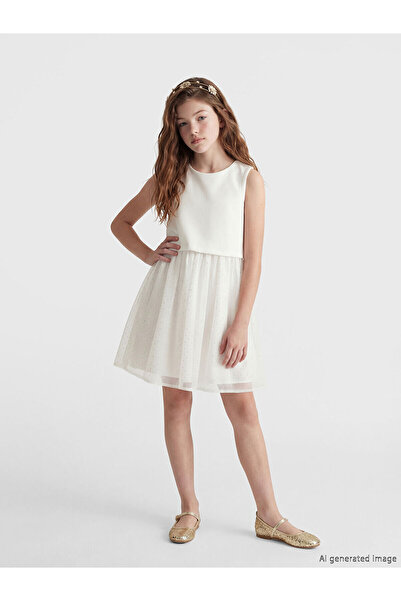 LC Waikiki Nevavm Girls' Dress with Oval Collar and Tulle Detail
