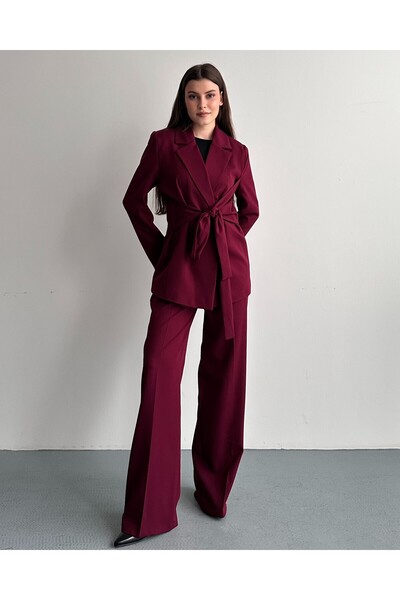 moda armanc Women's Two-Piece Suit Blazer Jacket and Trousers Burgundy - Belt...
