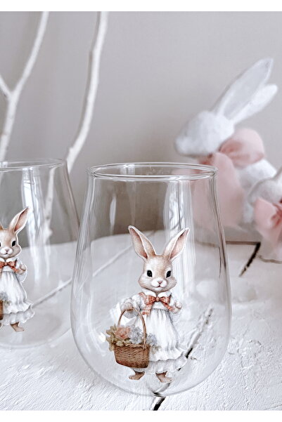 Rolin Design 3 adet Bunnie Sepetli Tavşan Baskılı Su Bardağı 350Ml