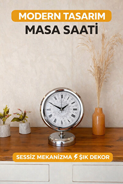 KOLAYEV Krom Metal Masa Saati 25x20 cm Sessiz Mekanizma Dekoratif Şık Masa Üs...