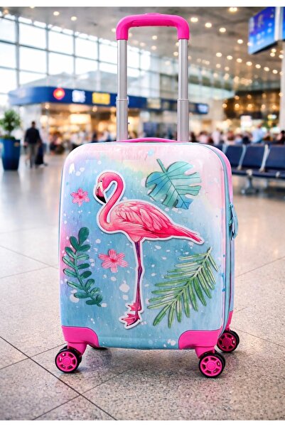 Gedox Kids Çocuk Pembe Flamingo ve Güneş Desenli Tekerlekli Kız Çocuk Valizi