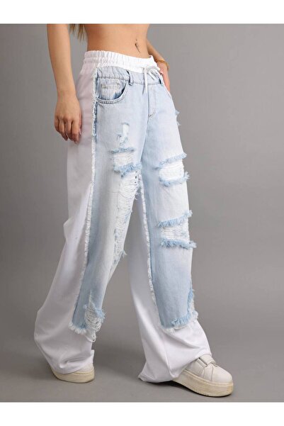 DENİKK بنطلون جينز بتصميم خاص بخصر مطاطي وساق واسعة، مغسول بالليزر، مكون من ق...