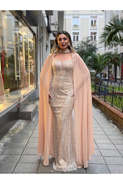 ESİN GİYİM omuz ve boyundan şifon kumaş pelerinli, komple taş ve ithal kumaşt...