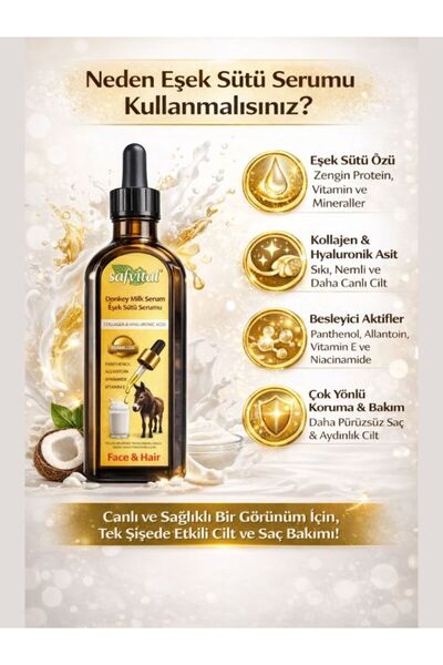 safvital Donkey Milk Serum 100 ml Collagen Hyaluronic Acid B5 Vitamin E Moisturizing Skin Hair Care Premium Care Oil