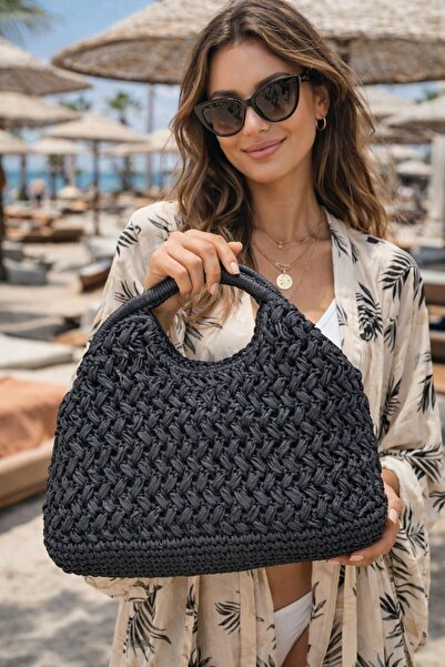 MARBERRY Μαύρη χειροποίητη ψάθινη γυναικεία τσάντα
