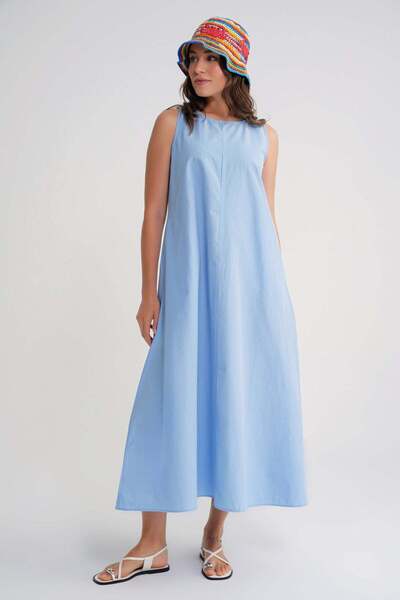 Mixray 4690 Women's Crew Neck Zero Sleeve Midi Parachute Dress Blue