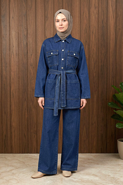 FERHEL Women's Buttoned Pocket Denim Jacket and Denim Trousers Set - Indigo