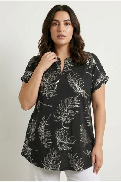 Stil Diva Tricou cu mânecă scurtă, cu decolteu în V, cu imprimeu cu frunze, d...