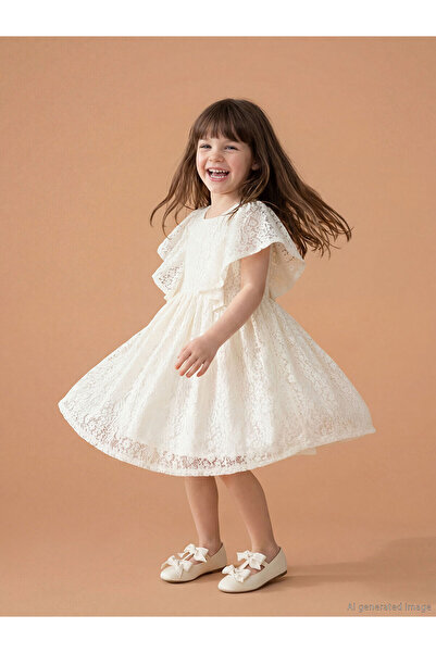 LC Waikiki Nevavm Oval Collar Girl's Lace Dress with Difference