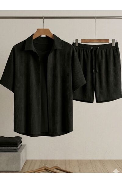 EXPECTED Ανδρικό μαύρο κοντομάνικο πουκάμισο με σορτς κάτω μέρος και μπλούζα,...