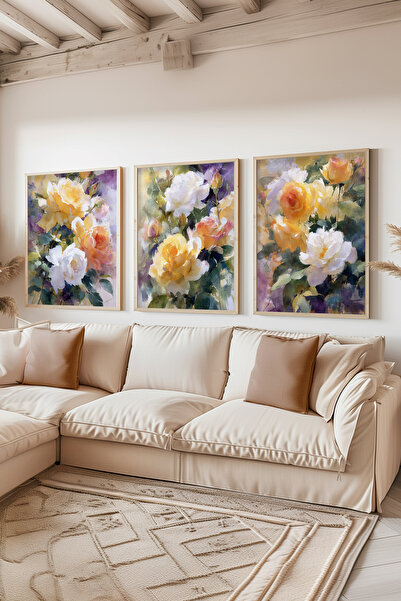 STARYUNA Σετ τριών πινάκων ζωγραφικής με ξύλινο πλαίσιο και θέμα το κίτρινο τ...