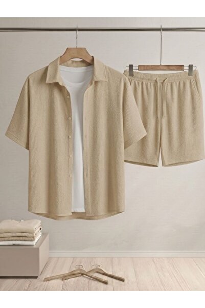 EXPECTED Men's Beige Wrinkled Short Sleeve Shirt Shorts Bottom Top Set Summer...