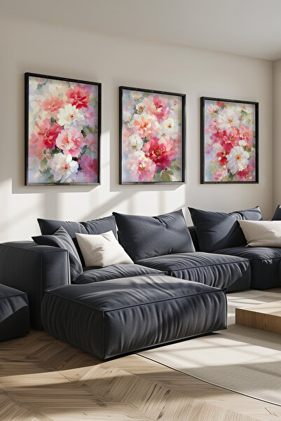 STARYUNA Black Wooden Framed Pink and White Floral Themed Triple Painting Set...