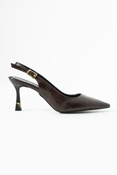 Sira Official Luna Brown Croco Open Back Thin Heeled Shoes
