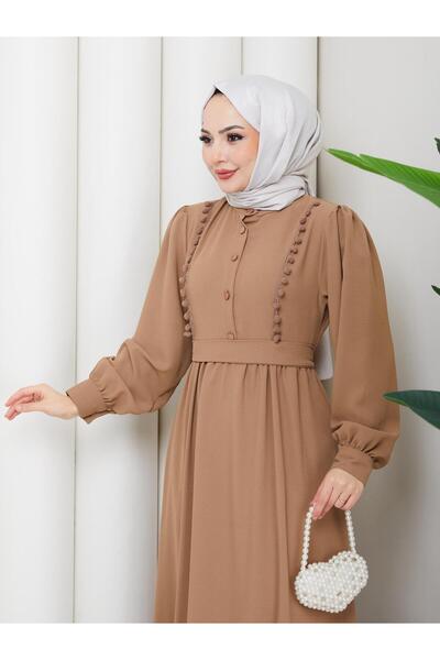 RETA MODA Women's Pompom Detailed High Collar Hijab Dress - Beige