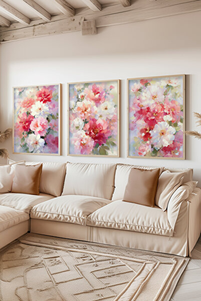 STARYUNA Wooden Framed Pink and White Floral Themed Triple Painting Set Ucyun...
