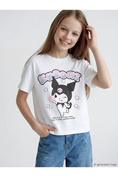 LC Waikiki Trendlucky Oval Collar Kuromi Printed Girls' T-Shirt with a Differ...