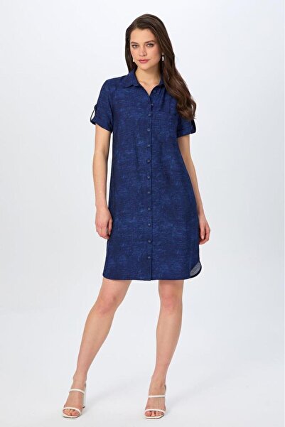 İKİLER Önü Düğmeli Cep Detaylı Kısa Kol Elbise 026-4010