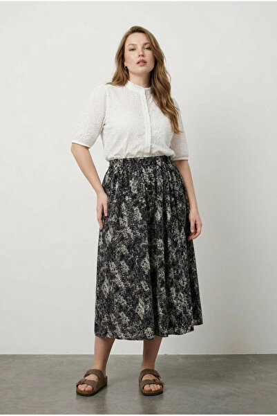 Stil Diva Plus Size Elastic Waist Pleated Patterned Skirt with Stretchy Fabric