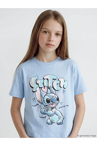 LC Waikiki Trendlucky Girls' T-Shirt with Oval Collar and Stitch Printed Design