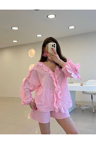 LİNDALİNA TEKSTİL Women's Comfortable Fit Cotton Shirt with Ruffle Detail