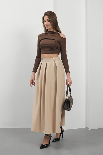 Hisleria Zippered High Waist Pleated Long Skirt - Beige