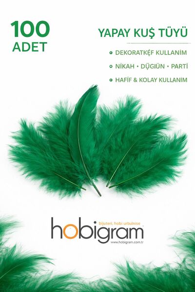 Hobigram Premium Yapay Kuş Tüyü 100 Adet Yeşil Ekonomik Paket Nikah Düğün Par...