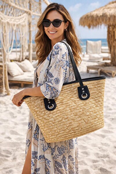 MARBERRY Μπεζ δερμάτινο λουράκι, μεγάλη ψάθινη γυναικεία τσάντα