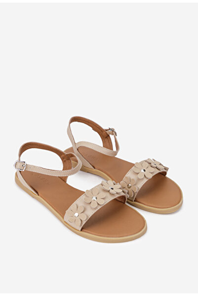 Dasha Sandale dama din piele naturala bej cu ornament flori