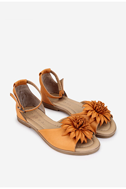 Dasha Women's orange leather sandals with flower detail