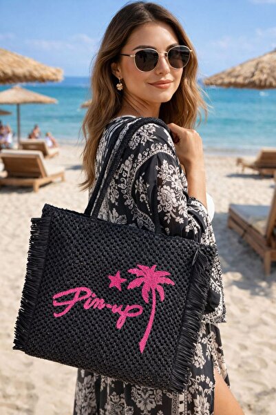 MARBERRY Crna ženska torba od slame sa vezom