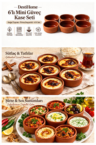DestiHome 6'lı Mini Oval Sütlaç Güveç Seti Fırın Kase Güveç Kabı Sufle Kabı S...