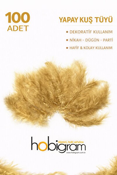 Hobigram Premium Yapay Kuş Tüyü 100 Adet Gold Ekonomik Paket Nikah Düğün Part...