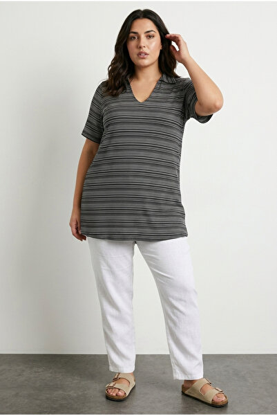 Stil Diva Plus Size V-Neck Short Sleeve Stretchy Fabric Striped Long T-Shirt