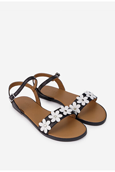 Dasha Sandale dama din piele naturala neagra cu ornament flori albe