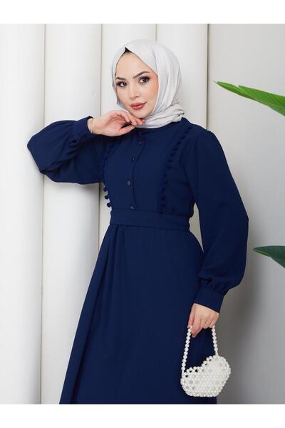 RETA MODA Women's Pompom Detailed High Collar Hijab Dress - Navy Blue
