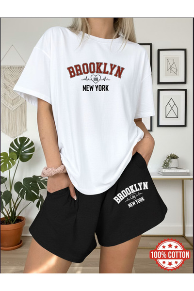 MİDAD Brokleyn Printed Black Shorts T-Shirt Set Oversize Crew Neck T-Shirt Se...