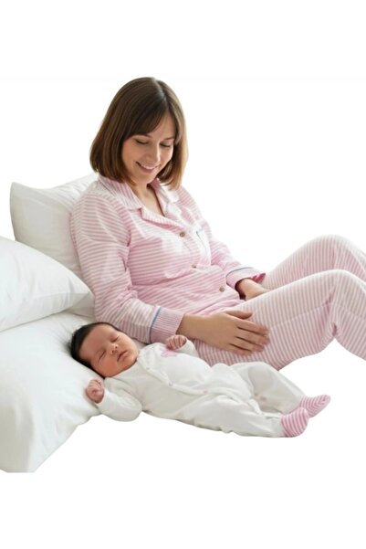 BEGONYA BEBECE KIDS Anne bebek lohusa seti pembe cizgili nakisli anne bebek l...