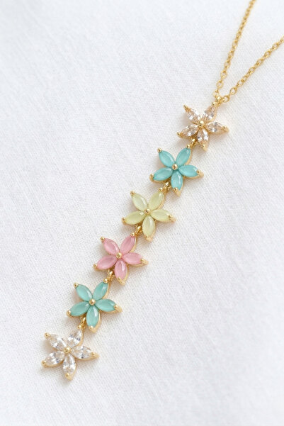 özgül takı ve tasarım Colorful Floral Y Model Gold Color Stainless Steel Wome...