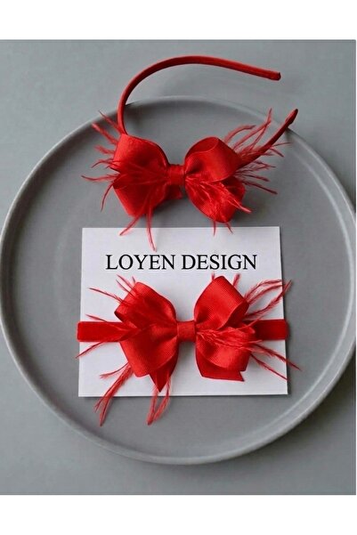 Loyen Design Kırmızı Anne Fiyonk Tüylü Taç & Bebek Bandanası Seti – Lohusa An...