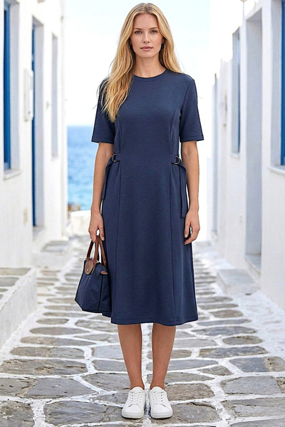 AYASOFYA OTANTIK Γυναικείο μίντι φόρεμα σε μπλε ναυτικό χρώμα με στρογγυλή λα...