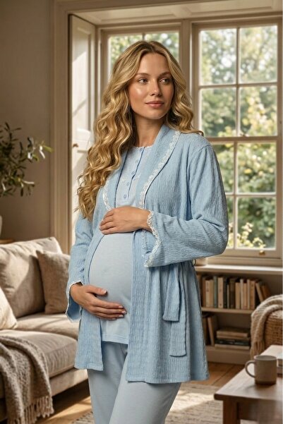 Lohussa Yeni Sezon Jakarlı Mavi Şal Yaka Yazlık KısaKol Özel Tasarım Hamile L...