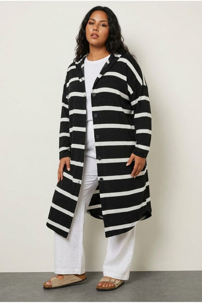 Stil Diva Plus Size Striped Stretchy Fabric Long Cardigan with Button Front P...