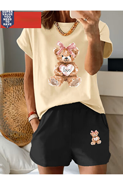 MİDAD Ayi Printed Black Shorts T-Shirt Set Oversize Crew Neck T-Shirt Set Unisex