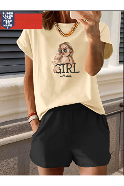MİDAD طقم تي شيرت أسود مطبوع عليه GIRL، طقم تي شيرت كبير الحجم برقبة دائرية ل...