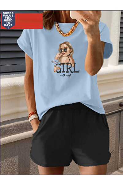 MİDAD طقم تي شيرت أسود مطبوع عليه GIRL، طقم تي شيرت كبير الحجم برقبة دائرية ل...